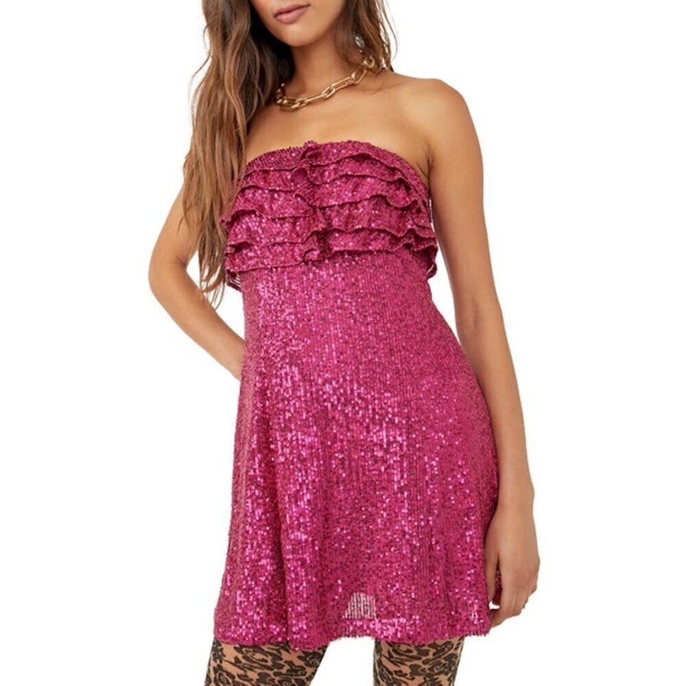 New Free People Frida Sequin Ruffle Strapless Pink Magenta Mini Dress Size 0